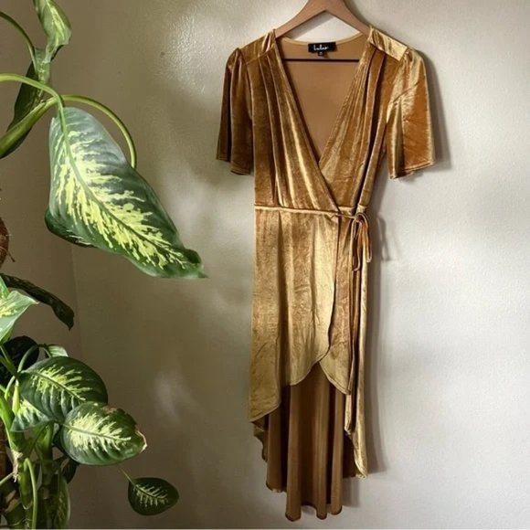 Lulus | Amour Golden Yellow Velvet High-Low Wrap Dress - Picture 7 of 8